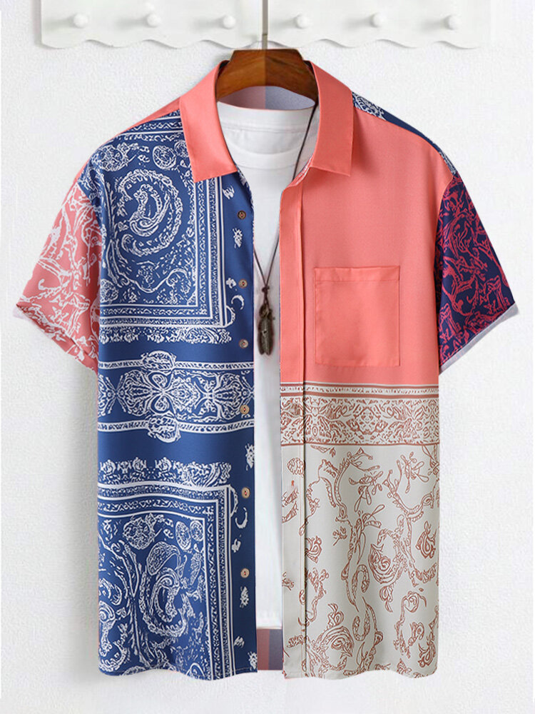 

Мужские рубашки с короткими рукавами в этническом стиле Винтаж с цветочным принтом и цветными блоками