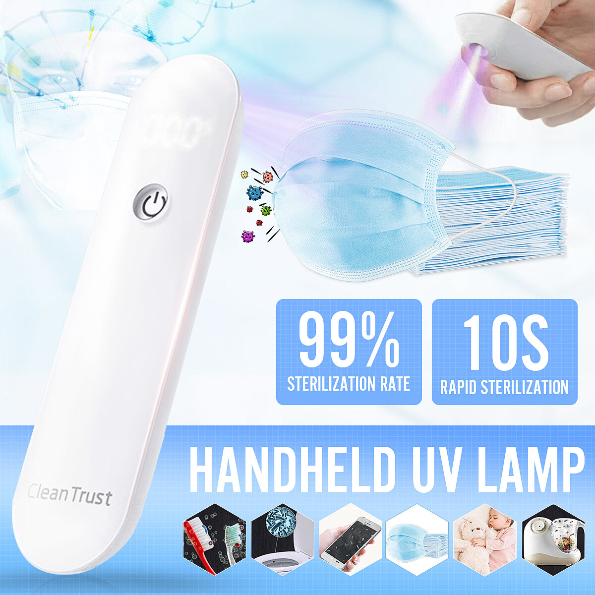 Portable LED UV Sterilizer Lamp Disinfection Handheld For Phones Clothes Bedding