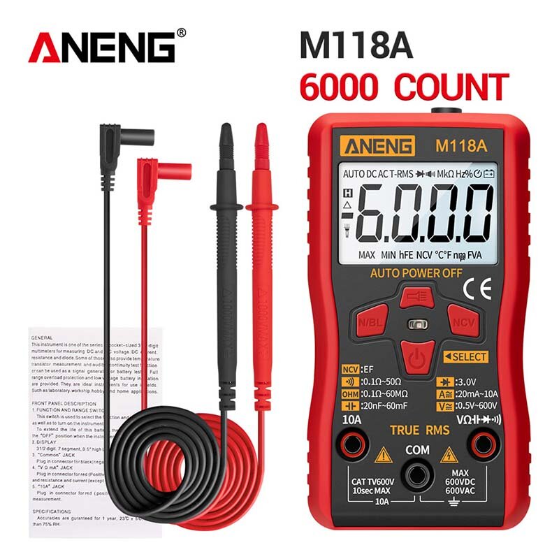

ANENG M118A Digital 6000 Counts Auto Range True Rms Mini Multimeter Transistor Meter with NCV Data Hold Flashlight