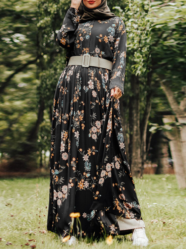Dames bloemenprint kaftan tuniek maxi-jurk met lange mouwen en riem