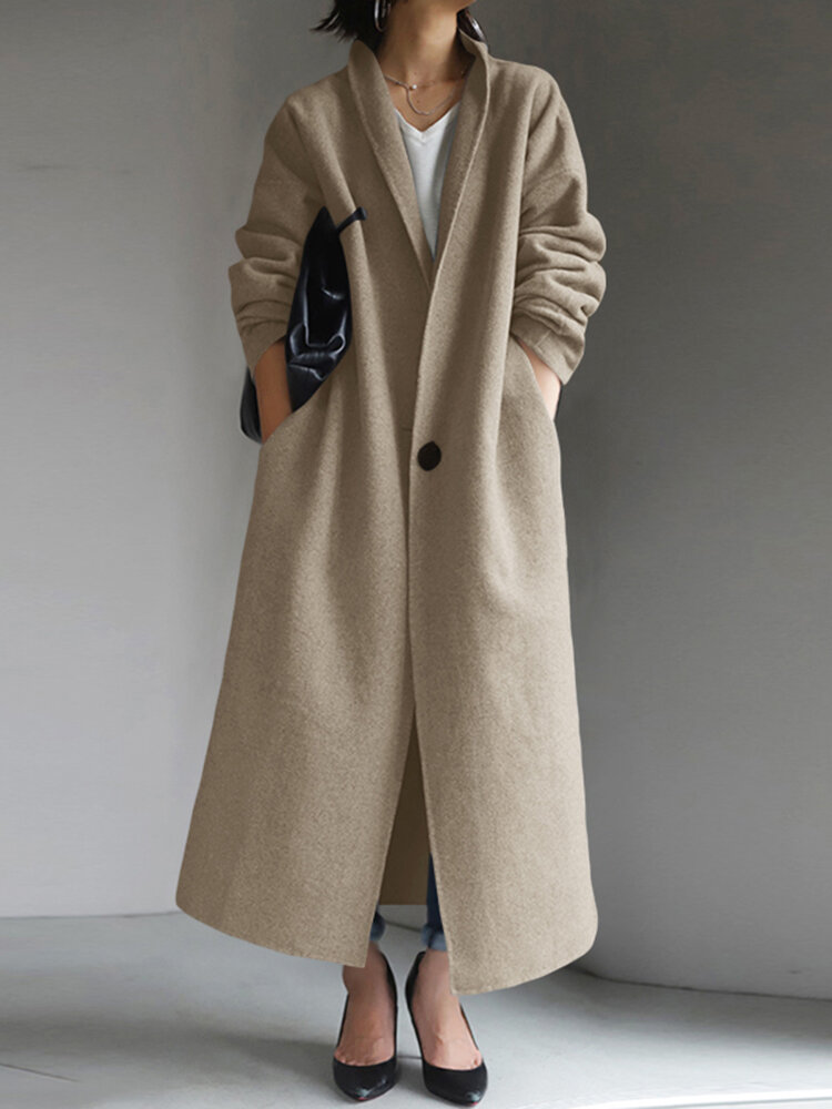 

Women Plain Fleece Turn-Down Collar Casual Long Trench Coat With Side Pockets
