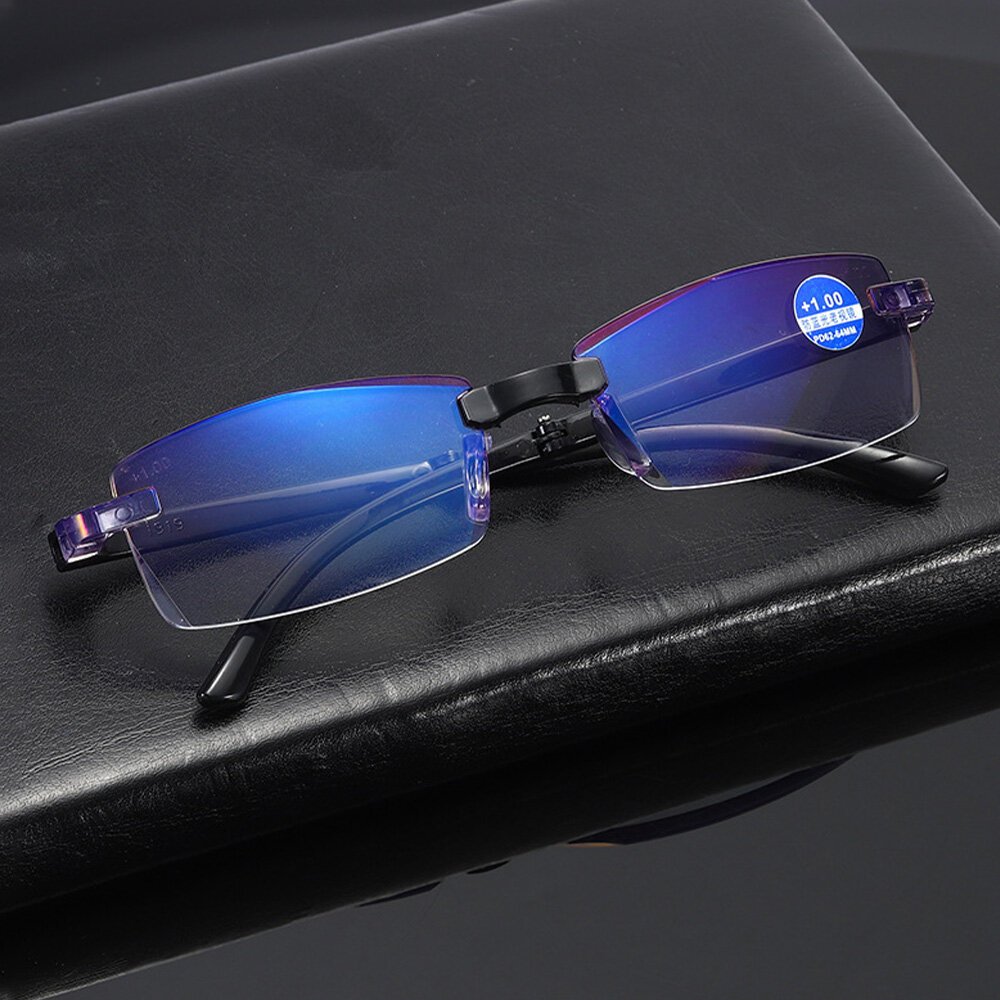 Men Reading Glasses Resin Frameless Rectangular Smart Zoom Folding Anti-Blue-ray Presbyopic Glasses