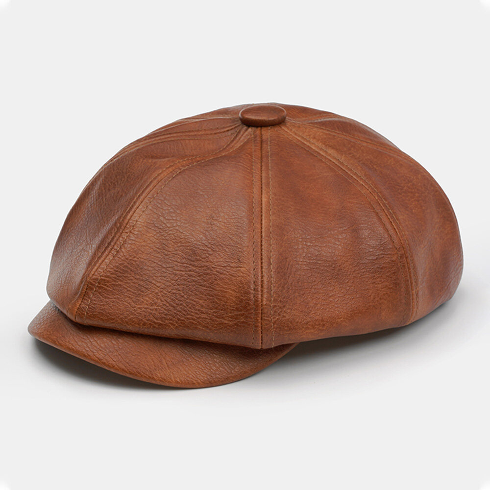 

Collrown Men Octagonal Hat PU Leather Plain Wide Brim Outdoor Windproof Berets Painter Hat