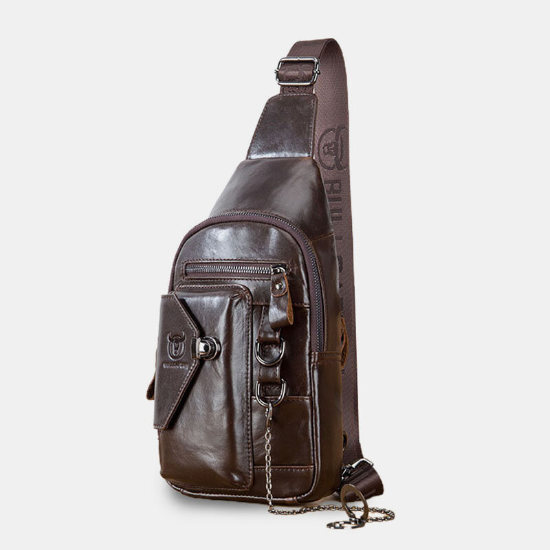 BULLCAPTIAN Men Multi-pocket Soft Leather Chest Bag Vintage Mobile Phone Holder Chain Crossbody Shou