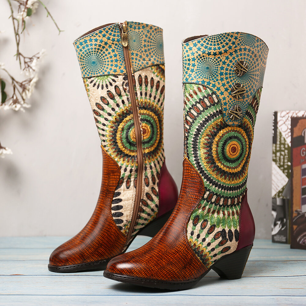 

SOCOFY Womens Splicing Tribal Шаблон Молния Western Cowboy Ботинки