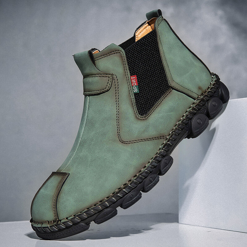 Menico Men Microfiber Leather Comfy Soft Sole Elastic Slip On Hand Stitching Chelsea Boots