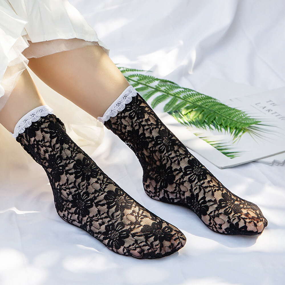 5 Pairs Women Cotton Nylon Jacquard Floral Lace-trimmed Breathable Comfy Silk Stockings