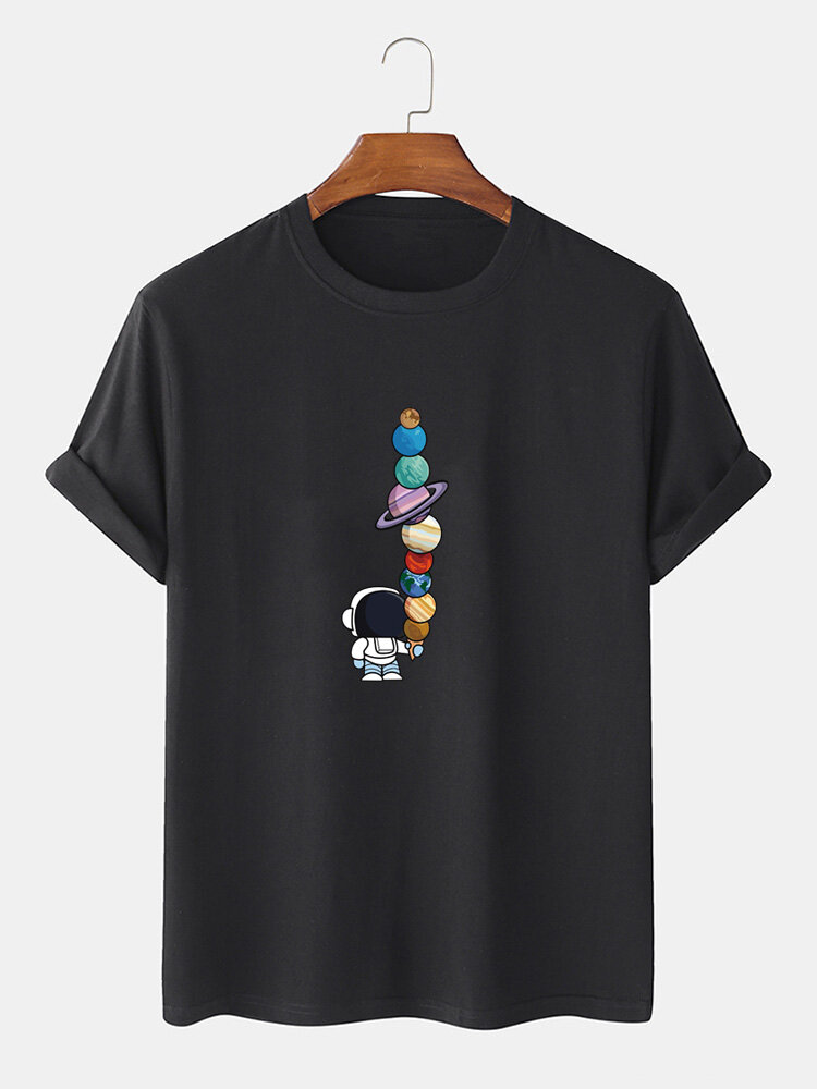 100 Cotton Mens Cartoon Astronaut Planet Print Short Sleeve Funny T Shirts