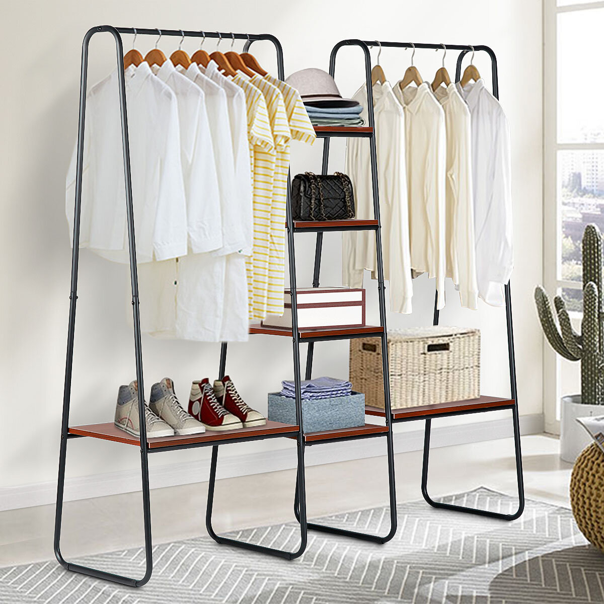 

Lusimo Metal Clothes Rack with Wood Shelves Heavy Duty Garment Rack for Clothing Storage 5 Tiers Freestanding Wardrobe C