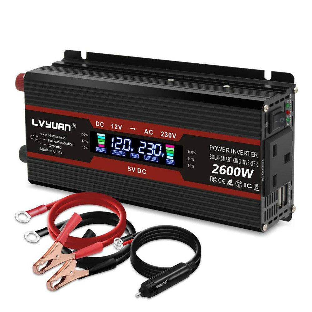 [EU Direct] Lvyuan Car Power Inverter DC 12V to AC 220V Car Converter 1000W(2600W Peak) Power Portable Outdoor Power Ban