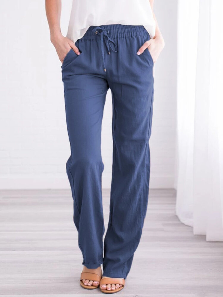 Women Casual Solid Color Elastic Waist Straight Pants