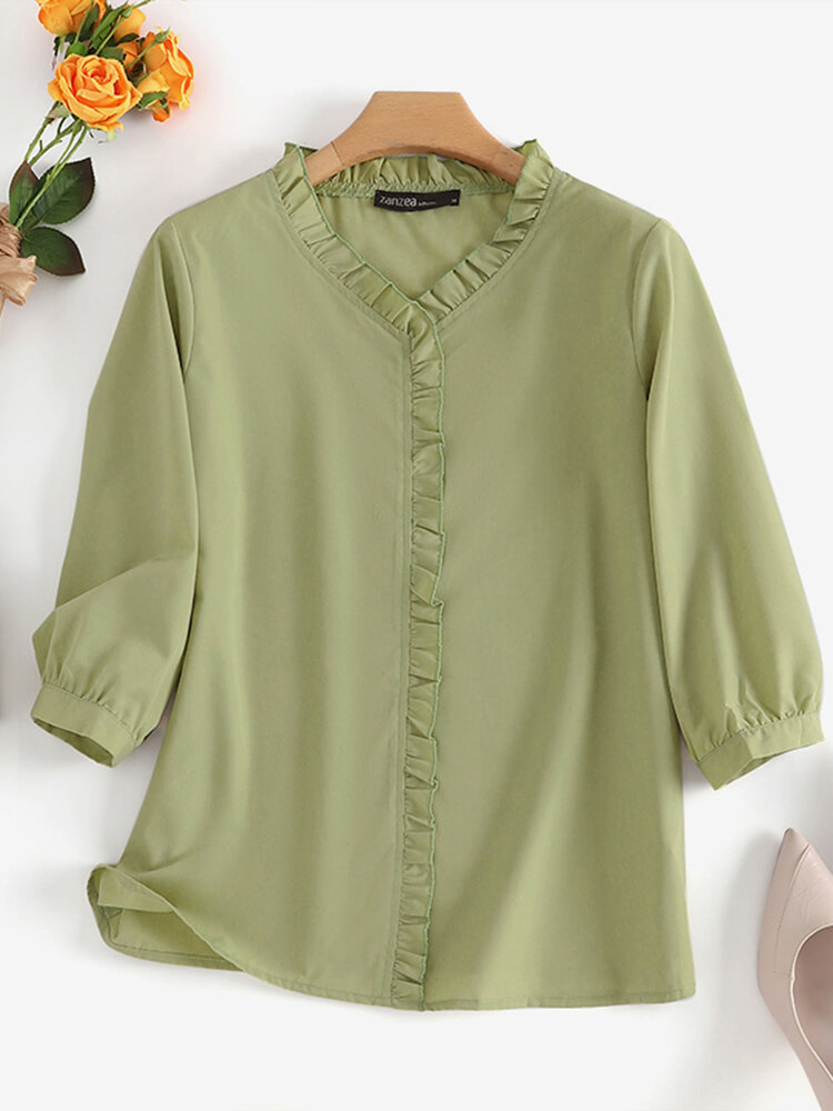 Solid Ruffle Trim V-neck 3/4 Sleeve Casual Blouse