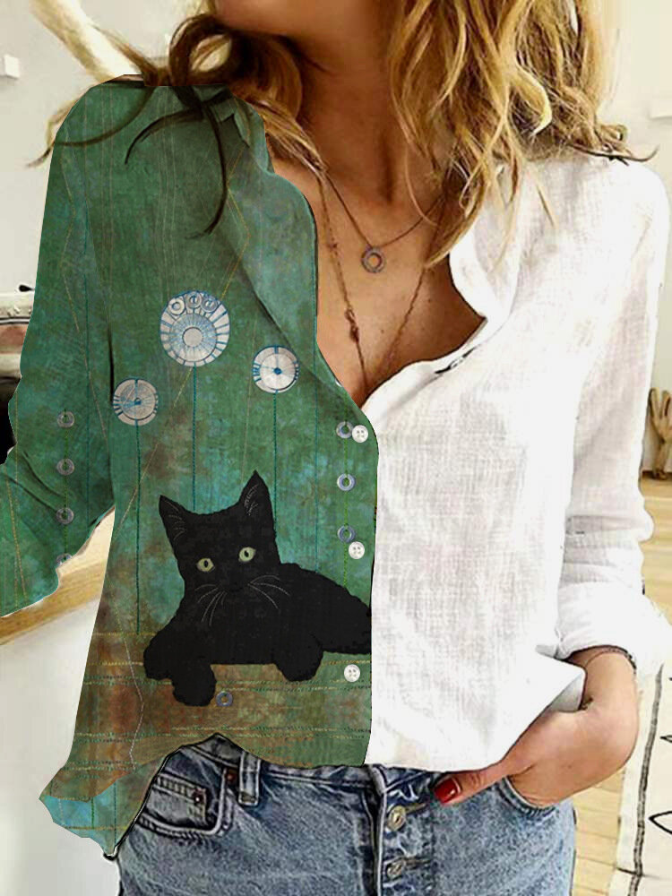 Women Cartoon Cat Print Patchwork Lapel Button Long Sleeve Casual Shirt