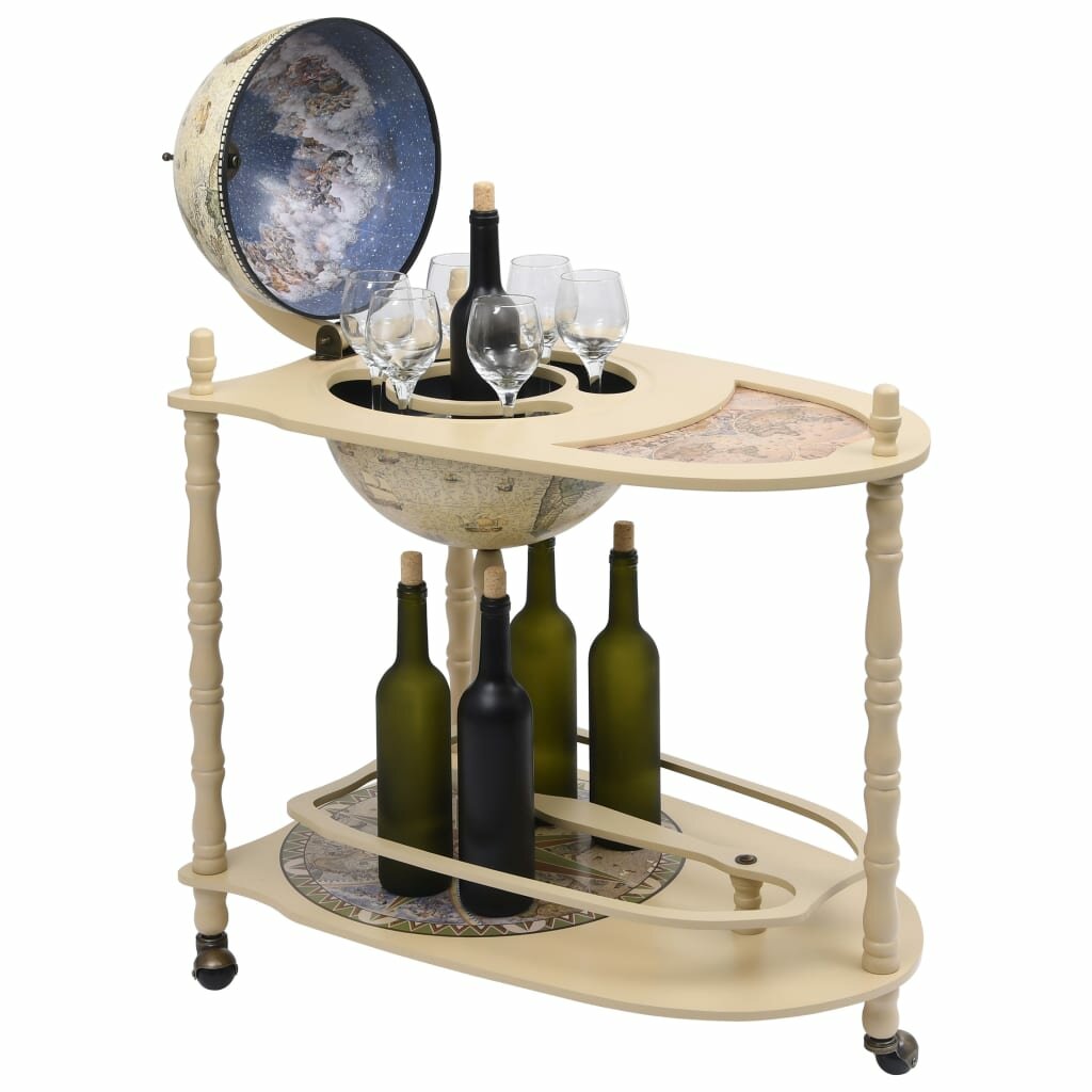 Globe With Old Nautical Map Tabletopp Globe Bar Wine Stand Eucalyptus Wood Green with Wheels for Wine, spirits, Beverage
