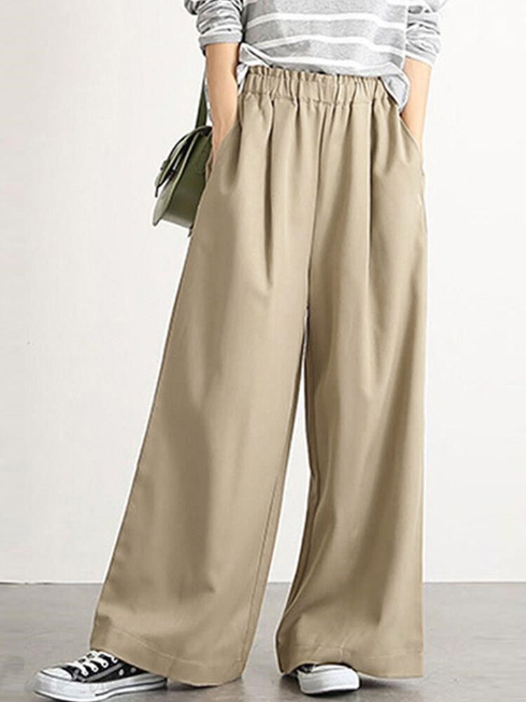 Women Casual Solid Color Elastic Waist Wide Leg Pants With Pocket
