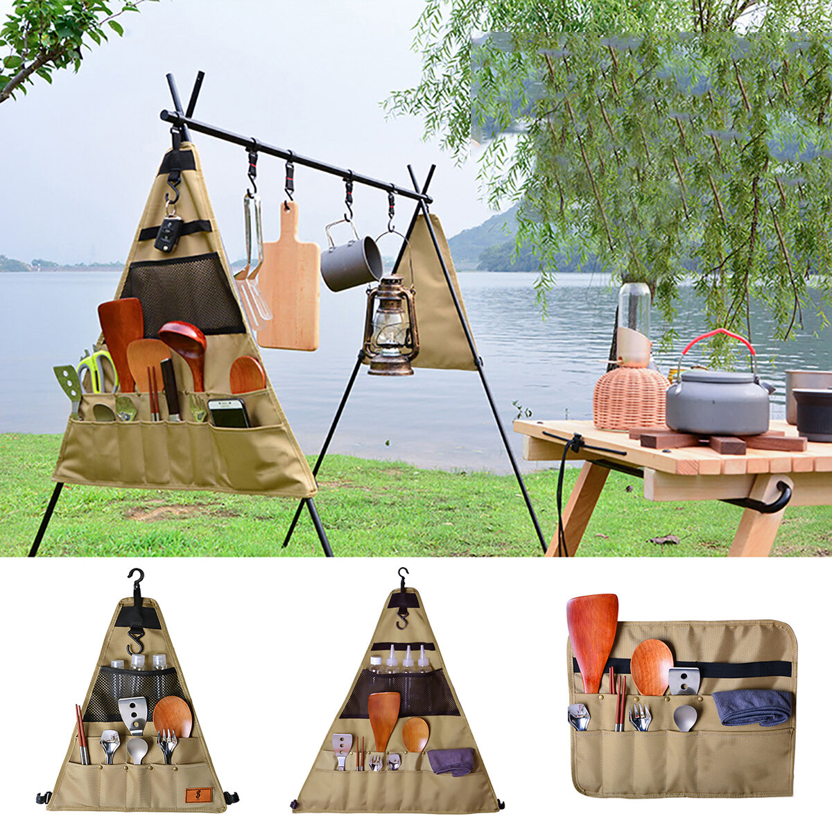 900D Oxford Cloth Tableware Storage Bag Camping Picnic BBQ Triangle/Rectangle Dinnerware Hanging Holder Bag Outdoor Organizer