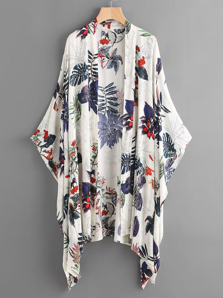 Women Summer Floral Print Loose Long Sleeve Irregular Hem Cardigans