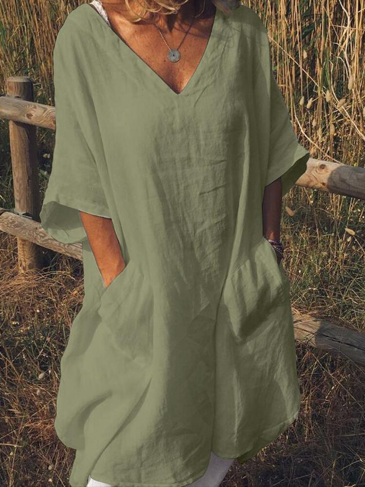 Solid color v-neck half sleeve pocket casual dress for women Sale ...