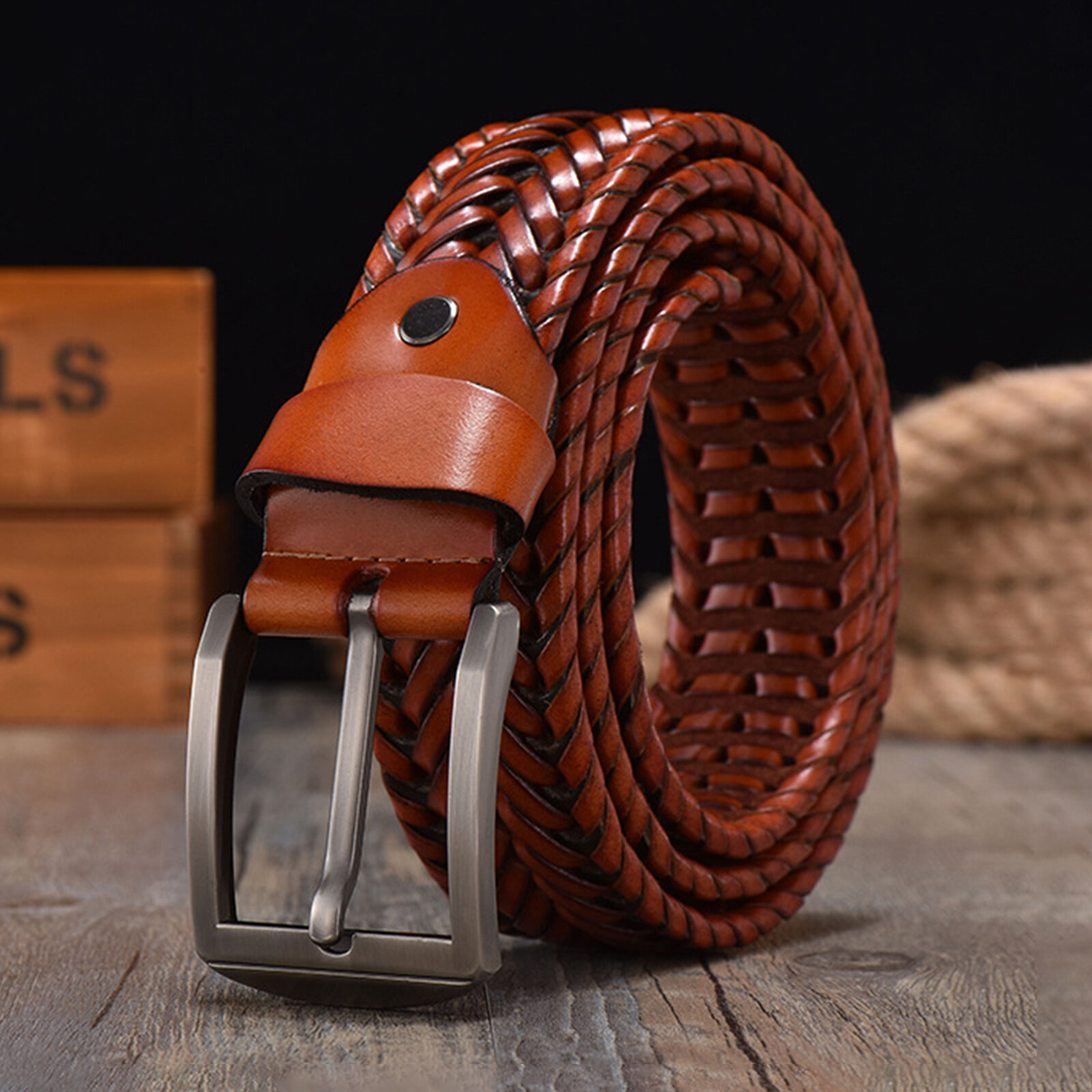 JASSY 110-125cm Breathable Men's Leather Vintage Casual Pin Buckle Woven Hollow Belt