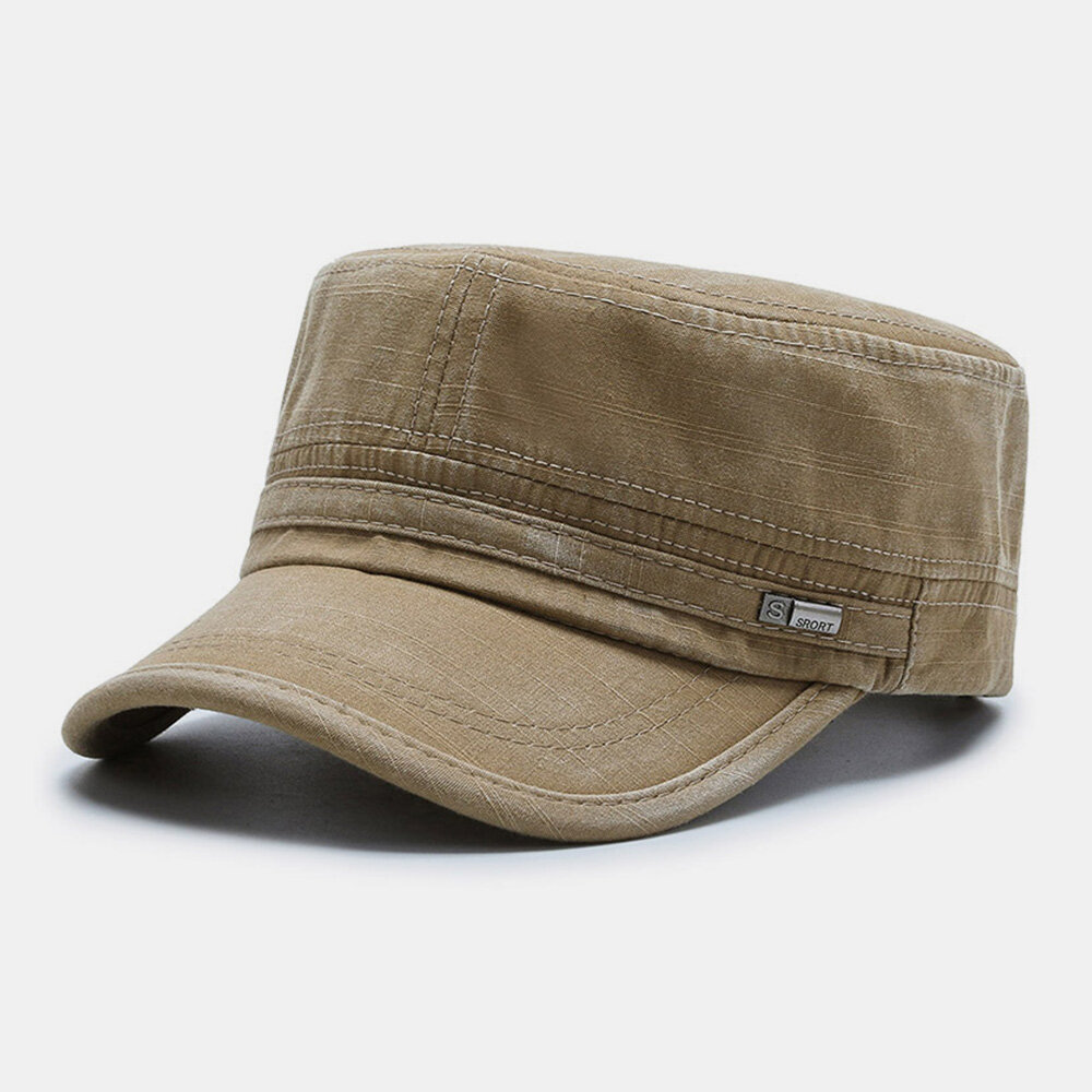 

Men Flat Cap Washed Distressed Cotton Solid Letters Metal Label Adjustable Breathable Outdoor Sport Sunshade Cadet Army