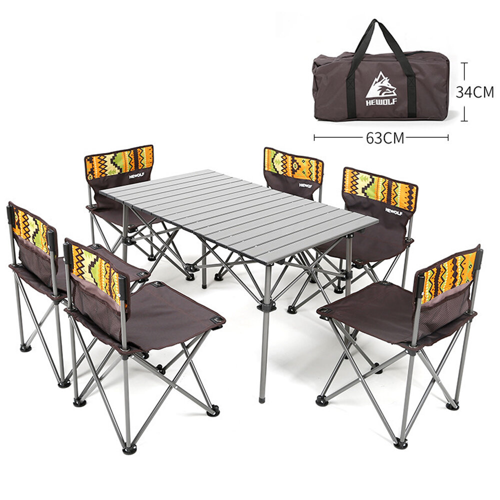 HEWOLF 7pcs/set Folding Table Aluminum Alloy Desk 6 Pcs Chair Camping Barbecue Table Outdoor Travel