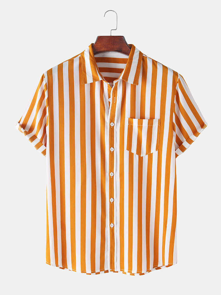 

Mens Classic Vertical Stripes Chest Pocket Hawaii Beach Short Sleeve Shirts