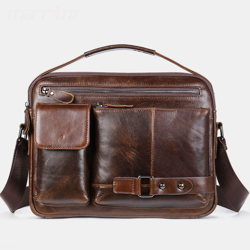 Men Oil Wax Leather Large Capacity Waterproof Messenger Bag Briefcase Multi-pocket Cowhide Crossbody