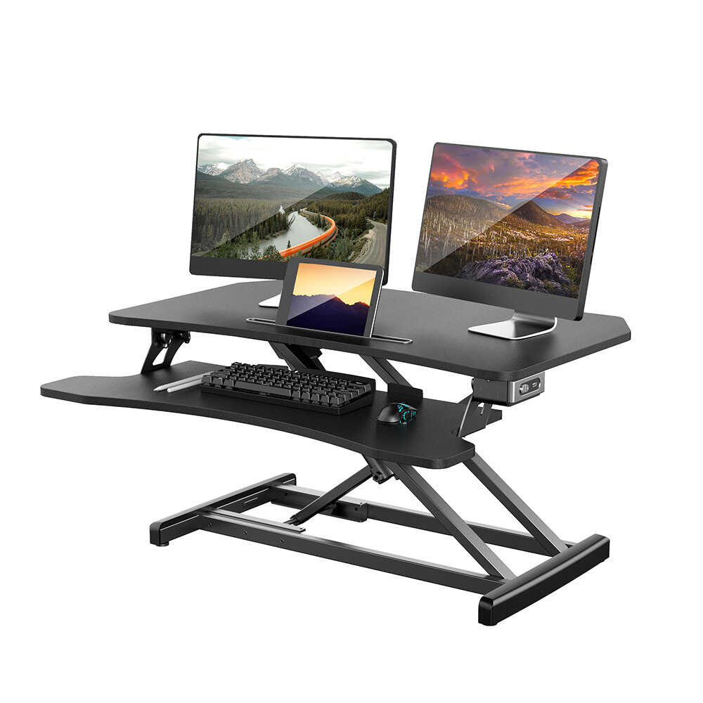 BlitzWolf® BW-ESD2 Electric Powered Standing Desk 34 inch Wide Adjustable Height Dual Monitors Desk Riser 2.0A 10W USB Charger Removable Keyboard Tray