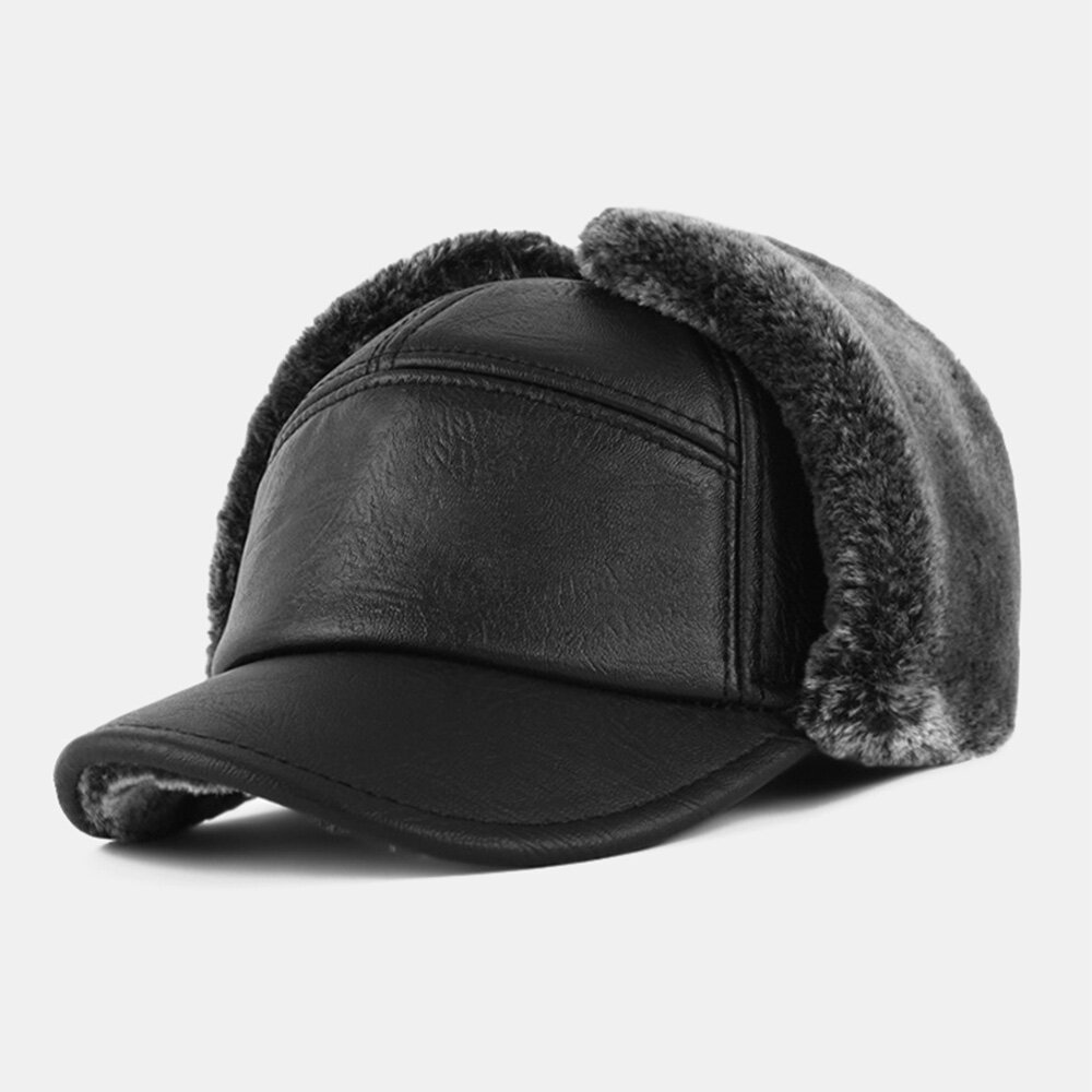 Men PU Leather Plush Thicken Outdoor Windproof Ear Protection Warmth Trapper Hat Ushanka Hat