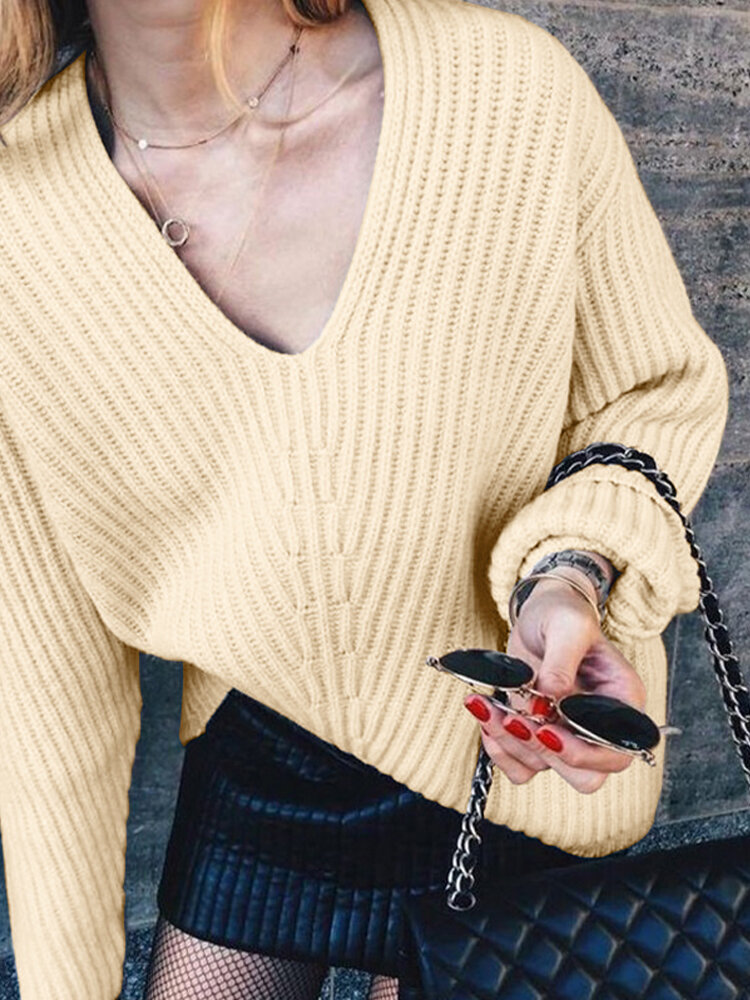 Women Puff Sleeve V-Neck Pleated Spliced Solid Loose Thick Fashion Sweaters