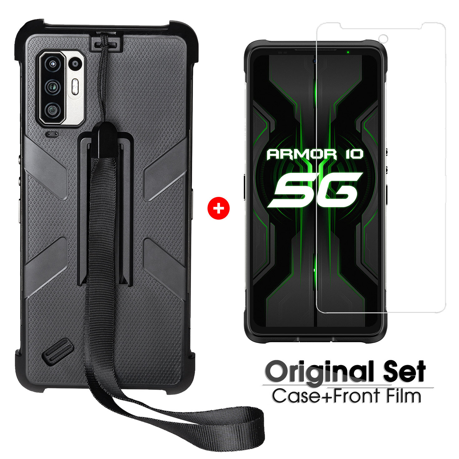 

2-IN-1 For Ulefone Armor 10 Accessories Set Armor Shockproof with Anti-Lost Hook Protective Case Back Cover + HD Soft TP