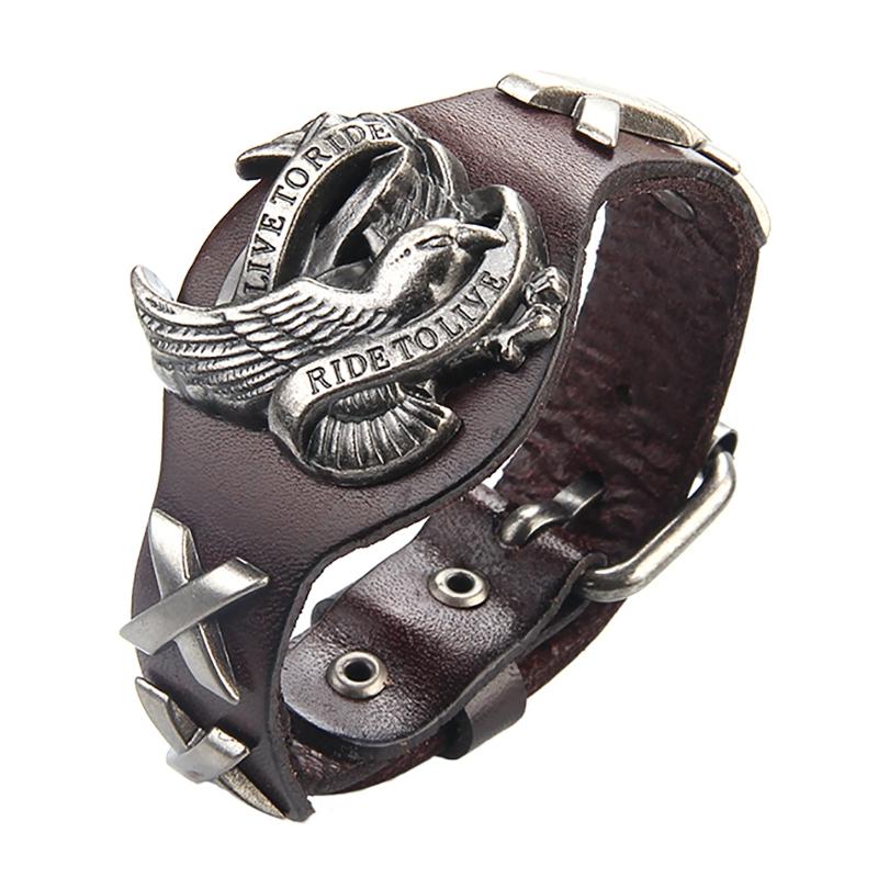 Punk Genuine Leather Wrap Wristband Bangle Alloy Eagle Bracelet for Men Women