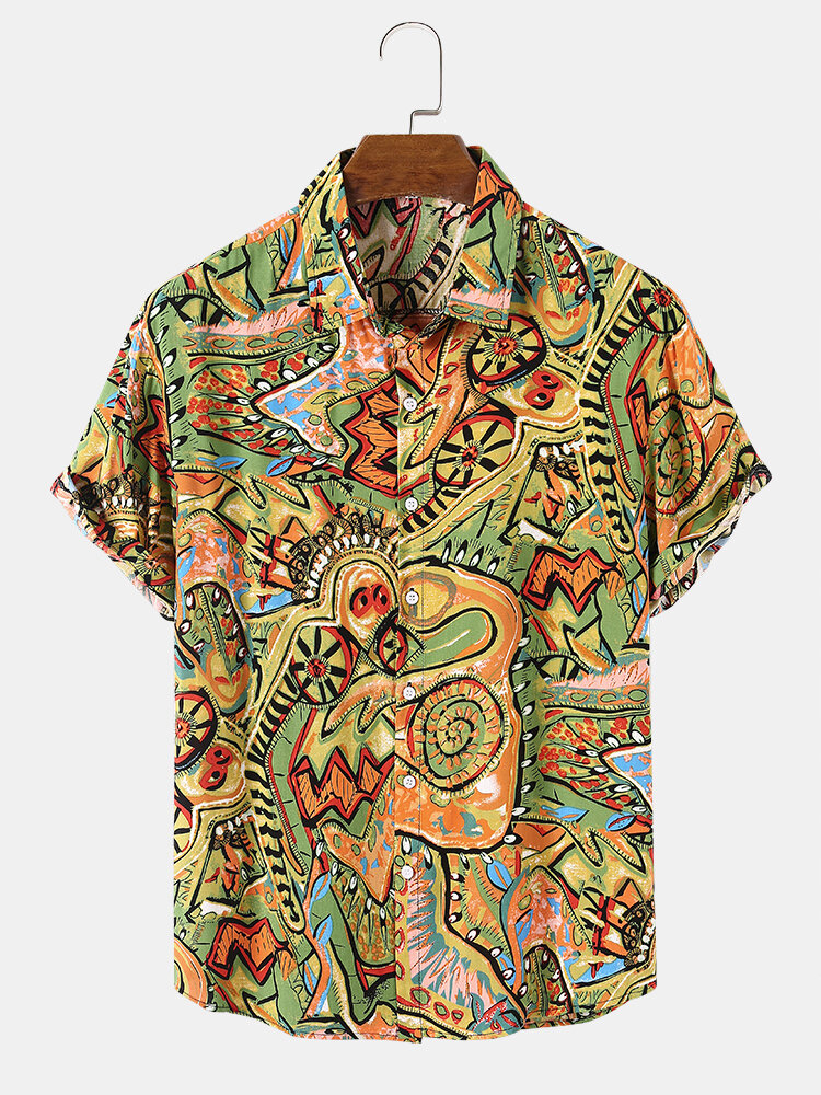 Mannen abstracte figuur print zoom manchet revers korte mouw casual shirts