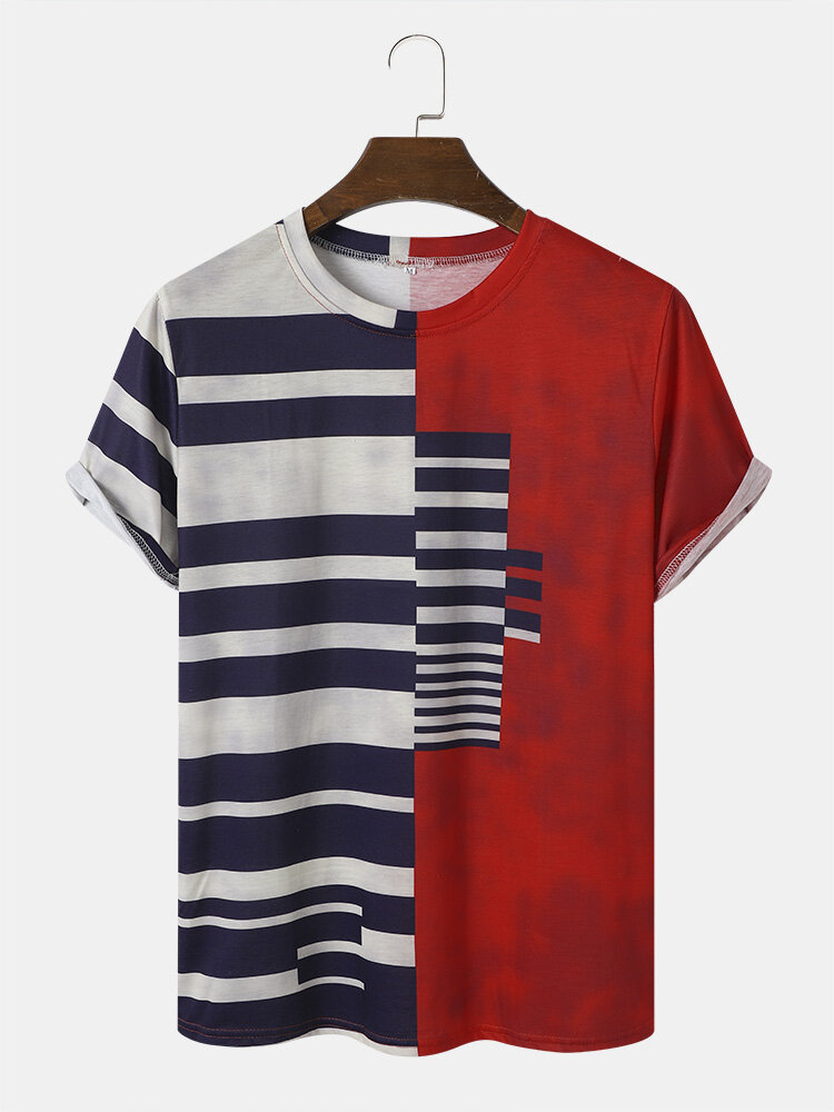 Men Stylish Asymmetric Striped Print Patchwork O Neck Hem Cuff Casual T-Shirts