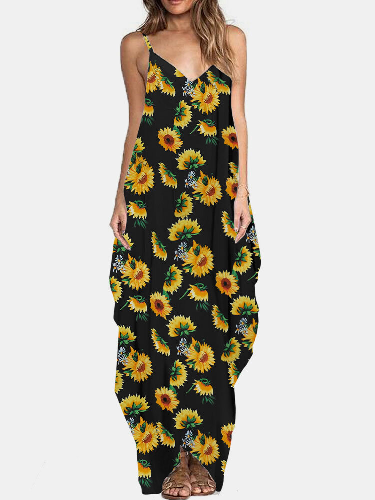 Flower Print V-neck Sleeveless Irregular Maxi Dress
