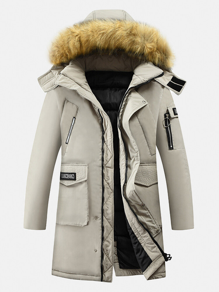 Men’s Winter Thicken Zip Up Mid-Length Fur Hooded Warm Down Jacket