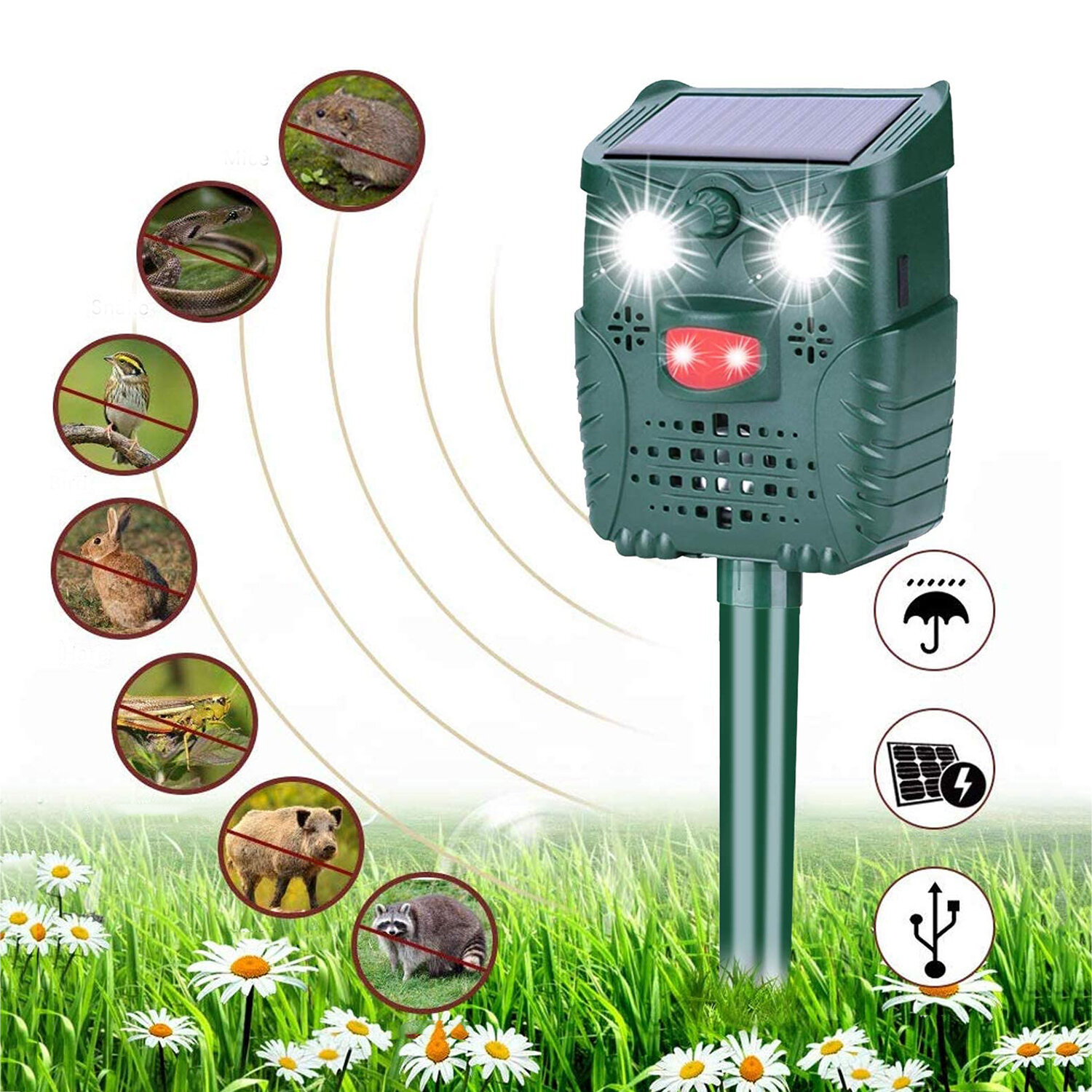 

-WH528 Outdoor Solar Ultrasonic Animal Repeller Pest Control Bats Birds Dogs Cats Repeller with Flashing Light