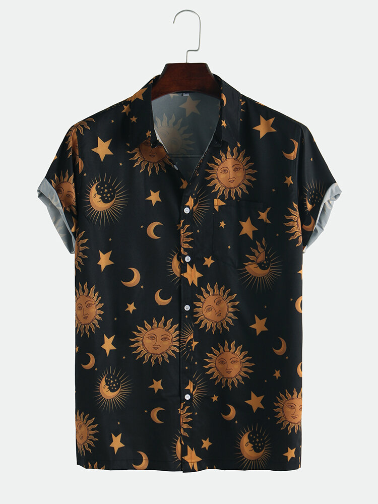 Camisas holgadas de manga corta con estampado de sol y luna para hombre