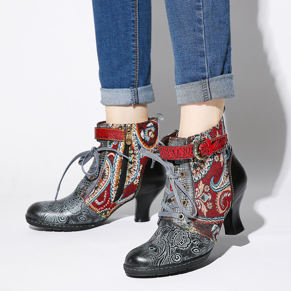 SOCOFY Embossed Splicing Tribal Pattern Buckle Deco Lace-up Zipper Warm Lined Ankle Boots