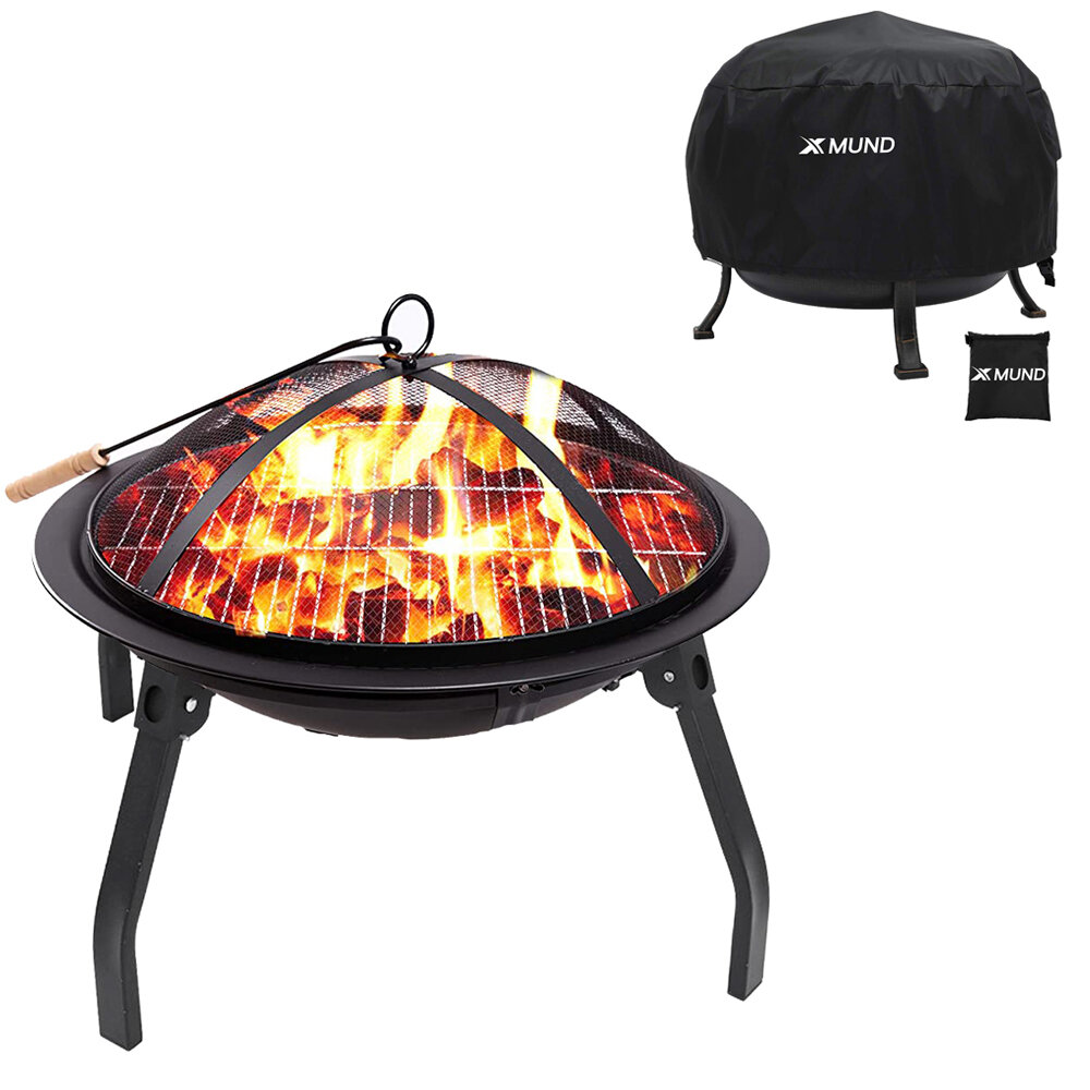 XMUND 22inch Fire Pit Wood Burning Steel Firepits with Adjustable Protector Cover For Outdoor Camping Picnic Garden Yard BBQ