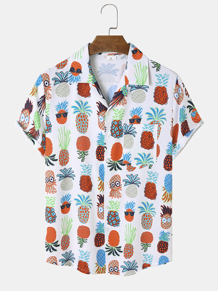 Mannen Cartoon Ananas Grafisch Grappige Verschillende Print Fruit Revere Kraag Lifestyle Shirts