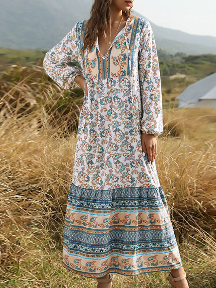 

Bohemia Floral Print Patchwork V-neck Puff Sleeve Casual Maxi Dress