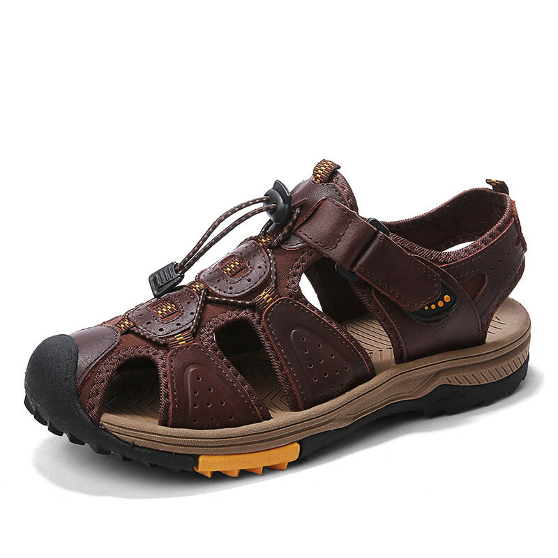 Men Cowhide Leather Non Slip Closed Toe Beach Casual Outdoor Sandals