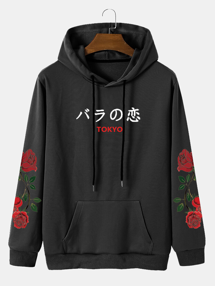 Casual heren hoodies met Japanse letters en trekkoorden