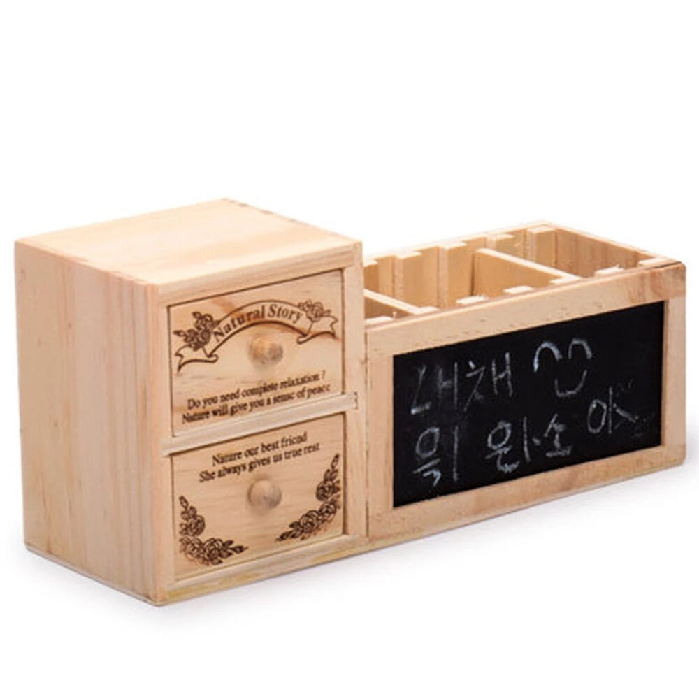 Wooden Pen Holder Pencil Container with 2 Layers Drawer Small Blackboard Student Organizer School Office Stationery Supp