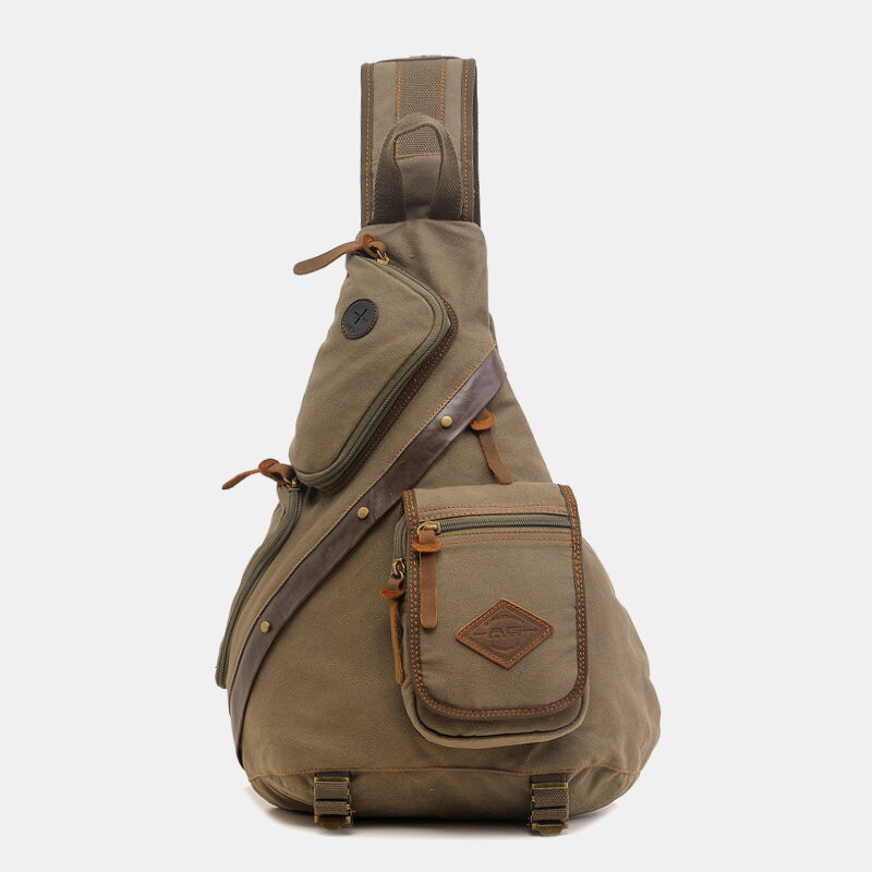 Men Genuine Leather And Canvas Travel Outdoor Carrying Bag Multi-pocket Crossbody Bag Chest Bag