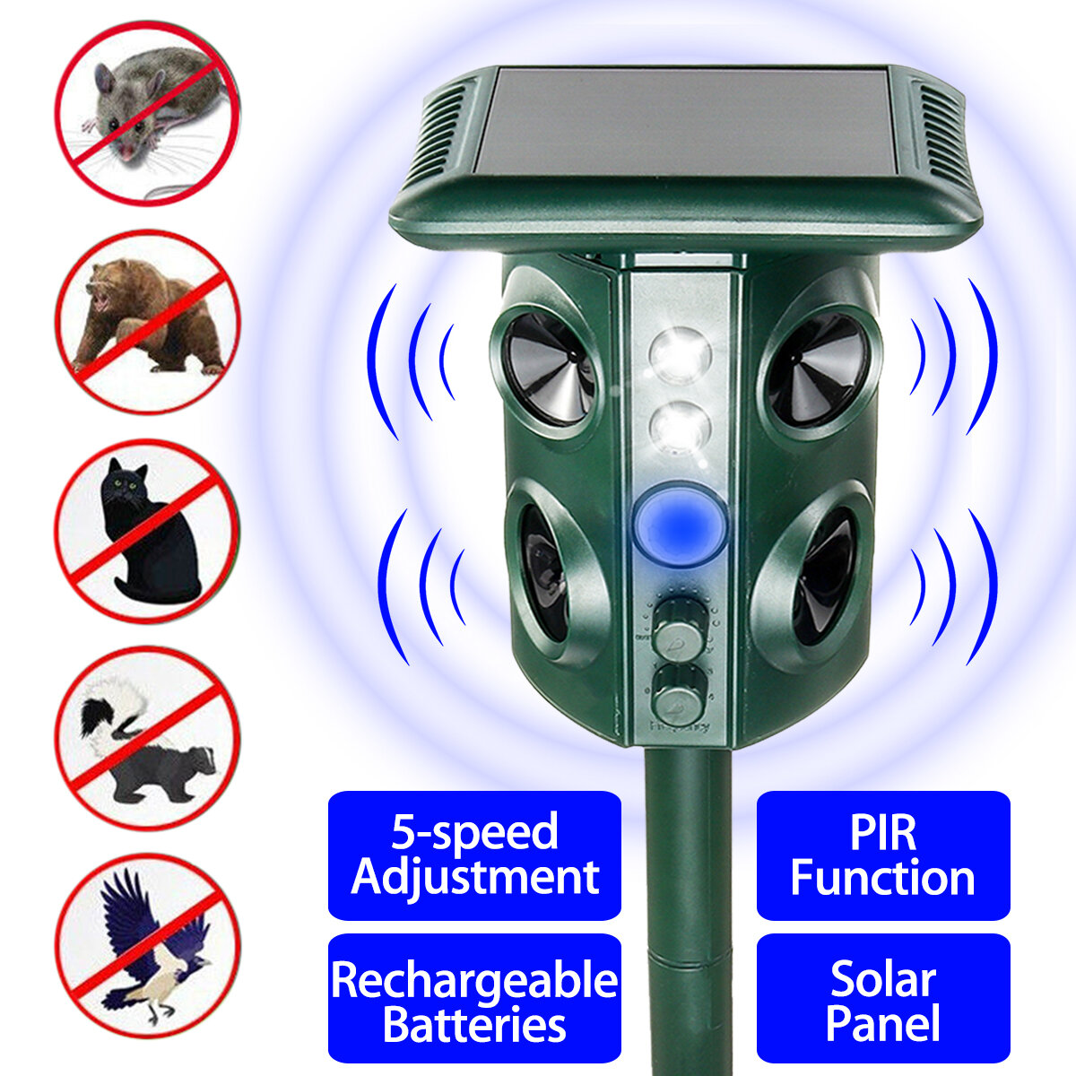 Solar Ultrasonic Animal Repellent Repeller LED PIR IP44 Motion Sensor Bird Snake