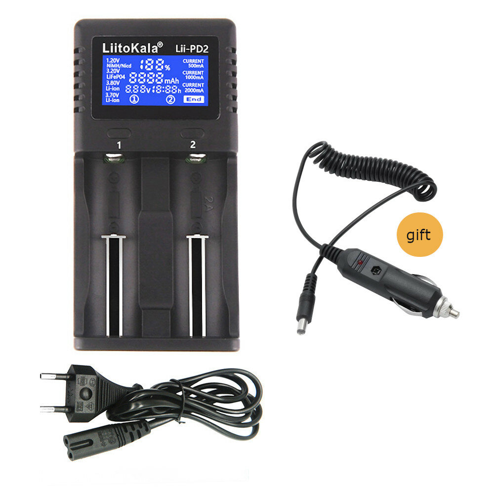 

LiitoKala Lii-PD2 LCD Battery Charger for 18650 26650 21700 2-slot Lithium Battery+ 12V Car Socket Power Supply Charger