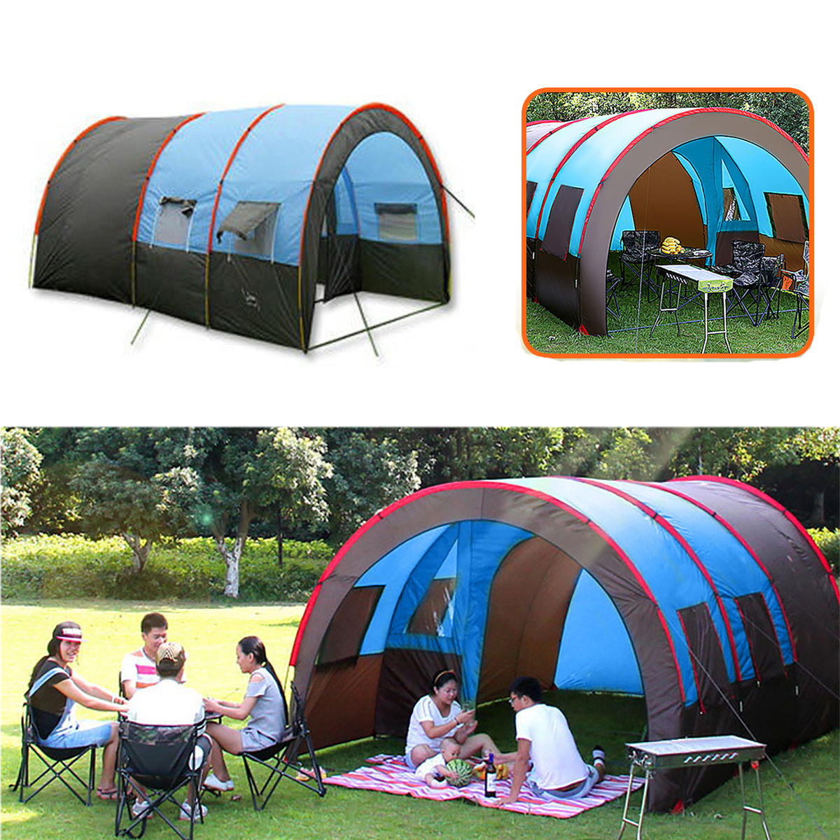 Barraca de acampamento ao ar livre para 8-10 pessoas, impermeável de dupla camada, grande tenda familiar com toldo para proteção contra o sol.