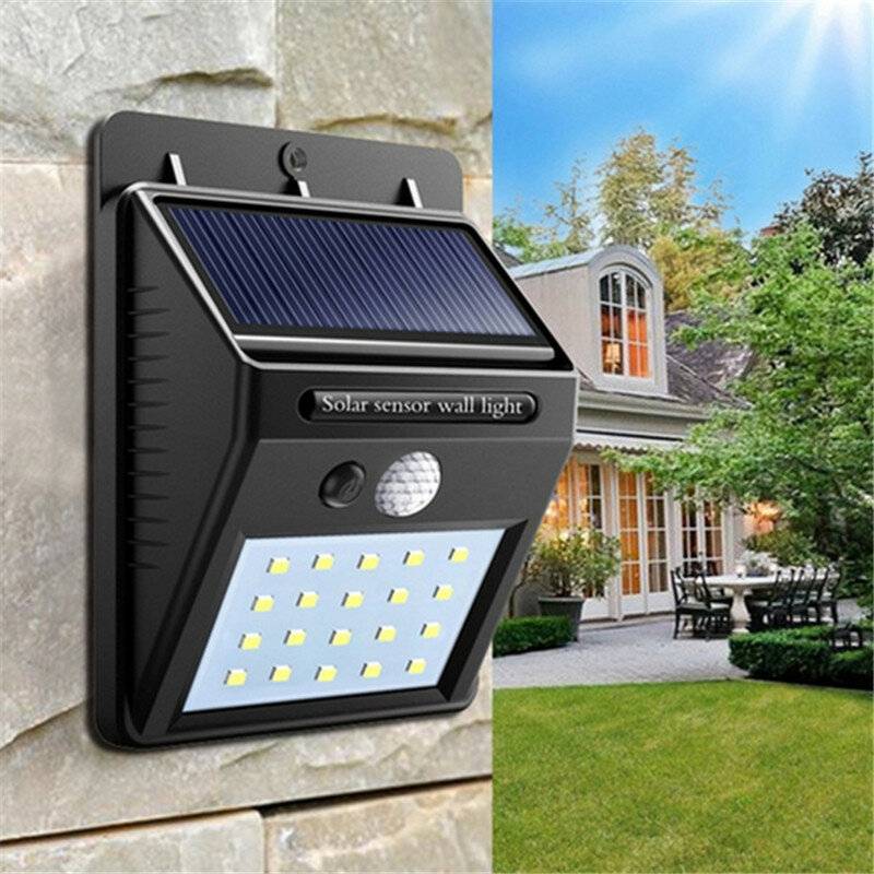 Lâmpada de segurança para exterior movida a energia solar com 20 LED, sensor de movimento PIR, resistente à água e indic